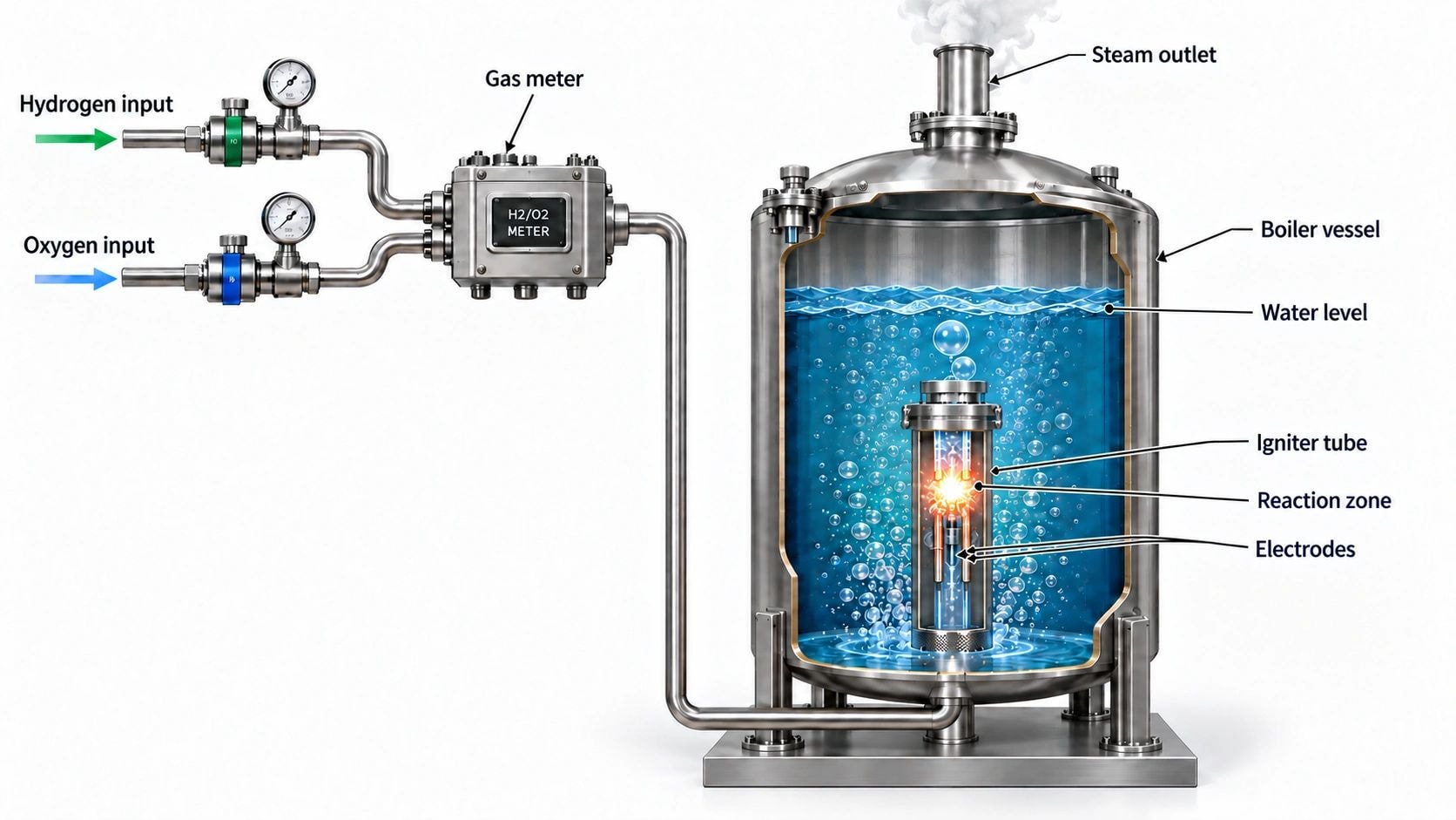 Hydrogen-oxygen bubble steam boiler system diagram showing hydrogen input, oxygen input, gas meter, steam outlet, boiler vessel, water level, igniter tube, reaction zone, and electrodes